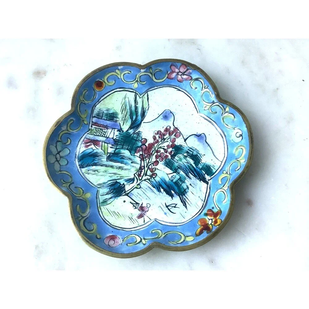 Vintage Chinese Canton Enamel Copper Hand Painted Trinket Dish Scalloped Edge